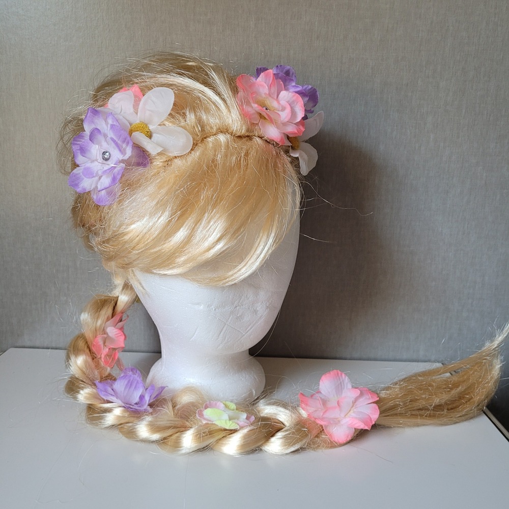 Disney Rapunzel Costume Wig Kids Blonde Floral Braid Tangled Princess Dress Up